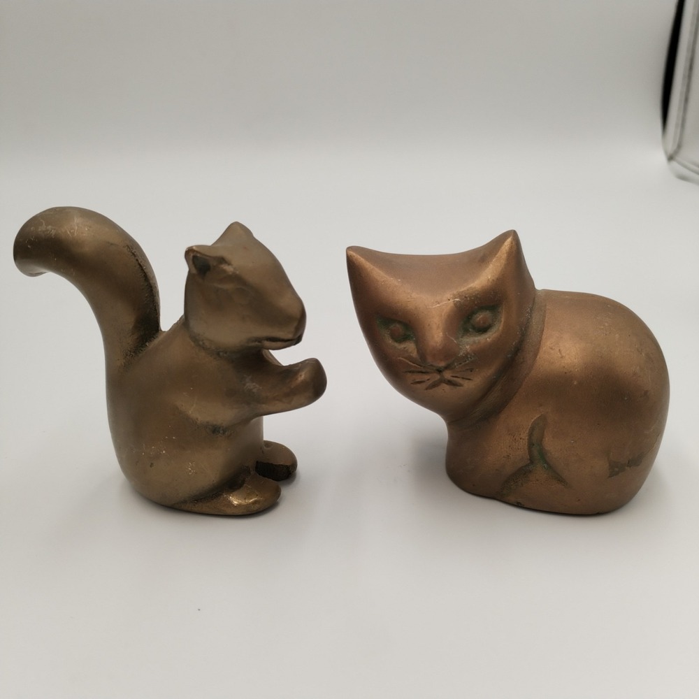 Vintage Brass Cat & Squirrel Figurines Solid Heavy Metal MCM Brutalist Set Of 2